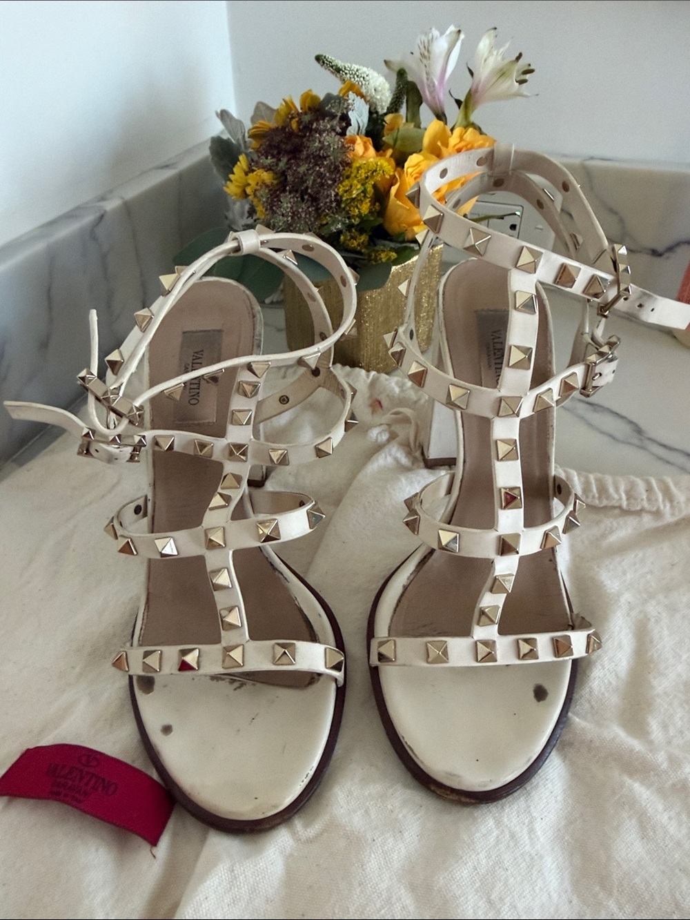 Valentino White Studded Leather Strappy Sandals